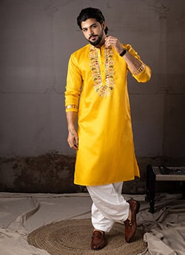 Radiant Yellow Linen Embroidered Sequins Thread Kurta Pyjama