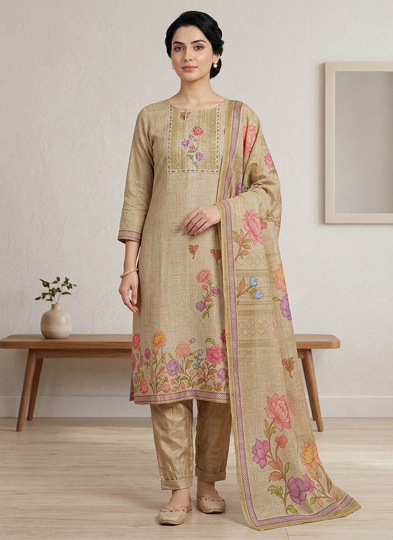 Radiant Yellow Linen Shimmer Digital Print Straight Pant Suit After Six Wear