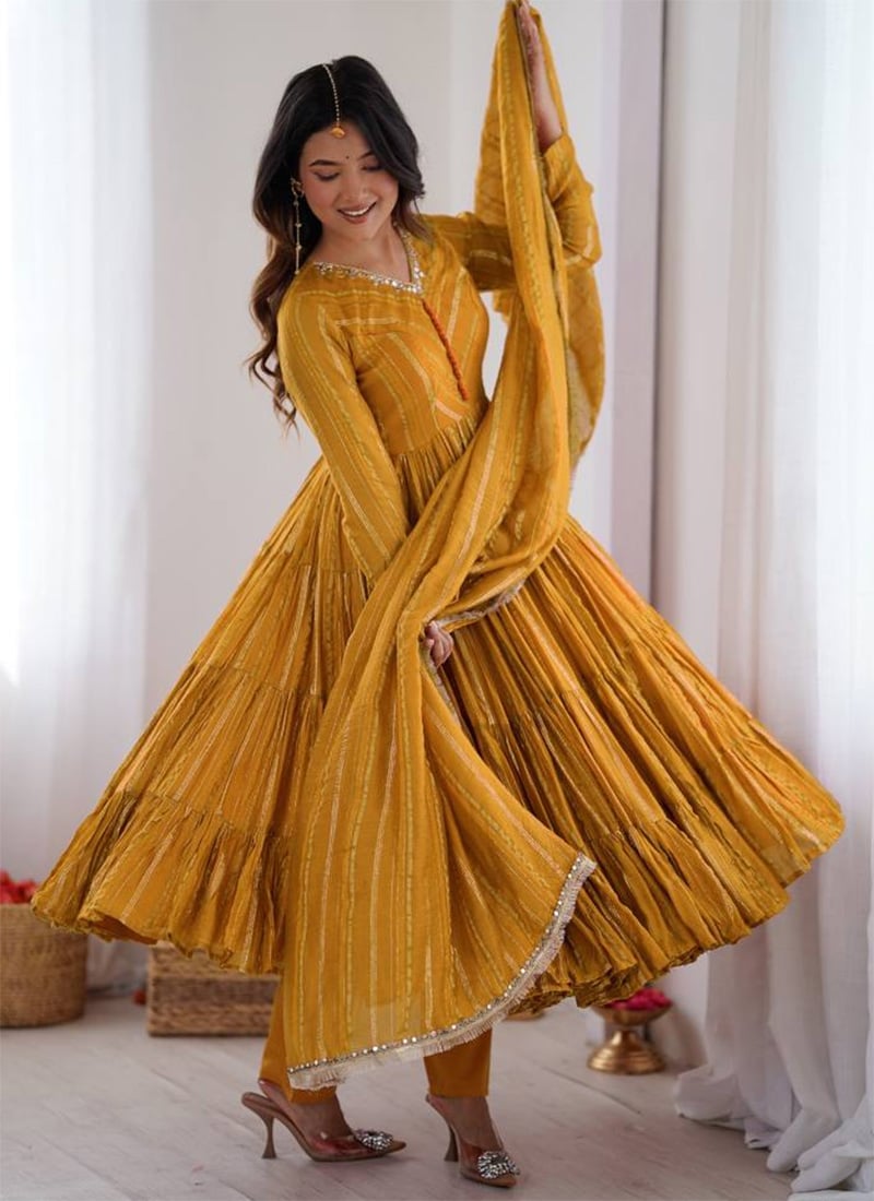 Radiant Yellow Mal Chanderi Silk Mirror Work Printed Anarkali Suit Festive Wear