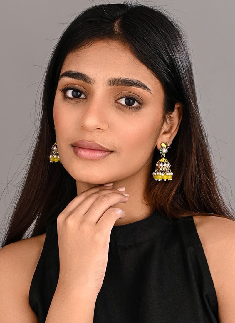 Radiant Yellow Meenakari Stone Pearl Jhumka Festive Wear