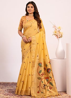 Radiant Yellow Muga Cotton Printed Paithani Woven Saree