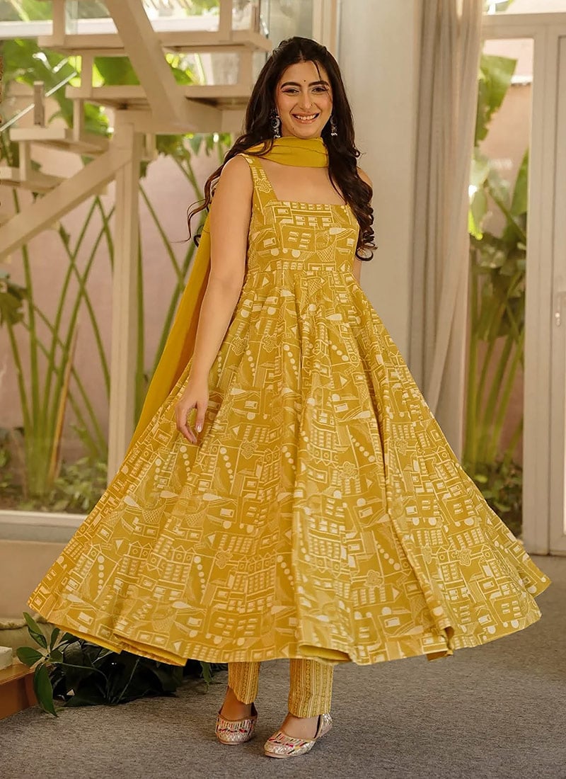 Radiant Yellow Muslin Heavy Digital Printed Anarkali Suit After Six Wear