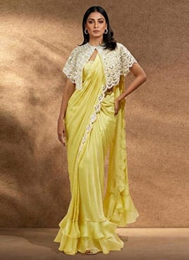 Radiant Yellow Net Sequins Hand Embroidered Beads Cutdana Saree