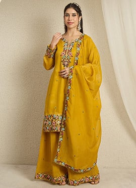 Radiant Yellow Organza Embroidered Sequins Palazzo Suit