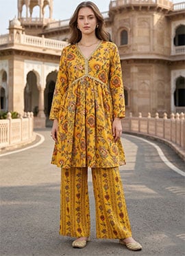 Radiant Yellow Organza Silk Digital Print Kurta Palazzo Set