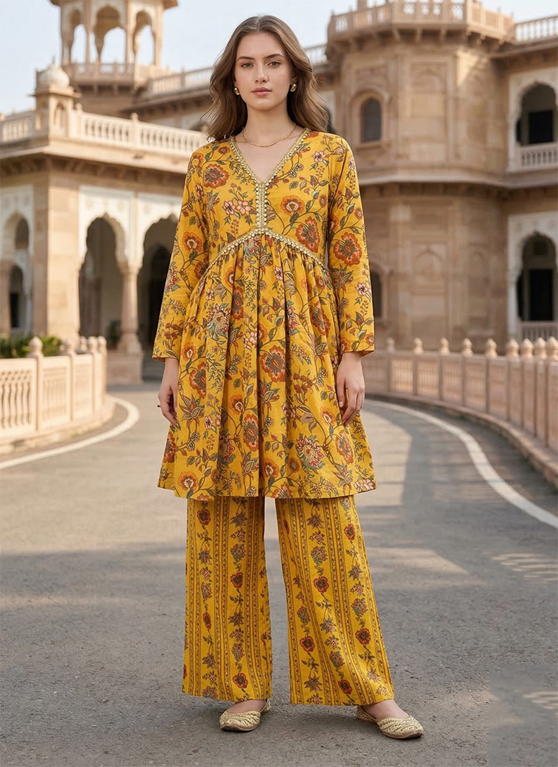 Radiant Yellow Organza Silk Digital Print Kurta Palazzo Set After Six Wear