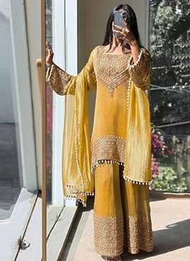Radiant Yellow Organza Silk Embroidered Zari Thread Palazzo Suit