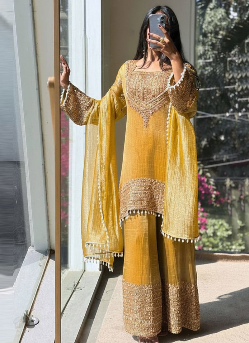 Radiant Yellow Organza Silk Embroidered Zari Thread Palazzo Suit Festive Wear