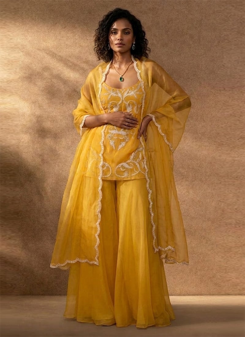 Radiant Yellow Organza Zari Sequins Palazzo Suit Festive Wear