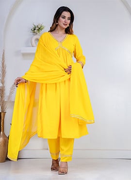 Radiant Yellow Rayon Zari Lace Work Anarkali Suit