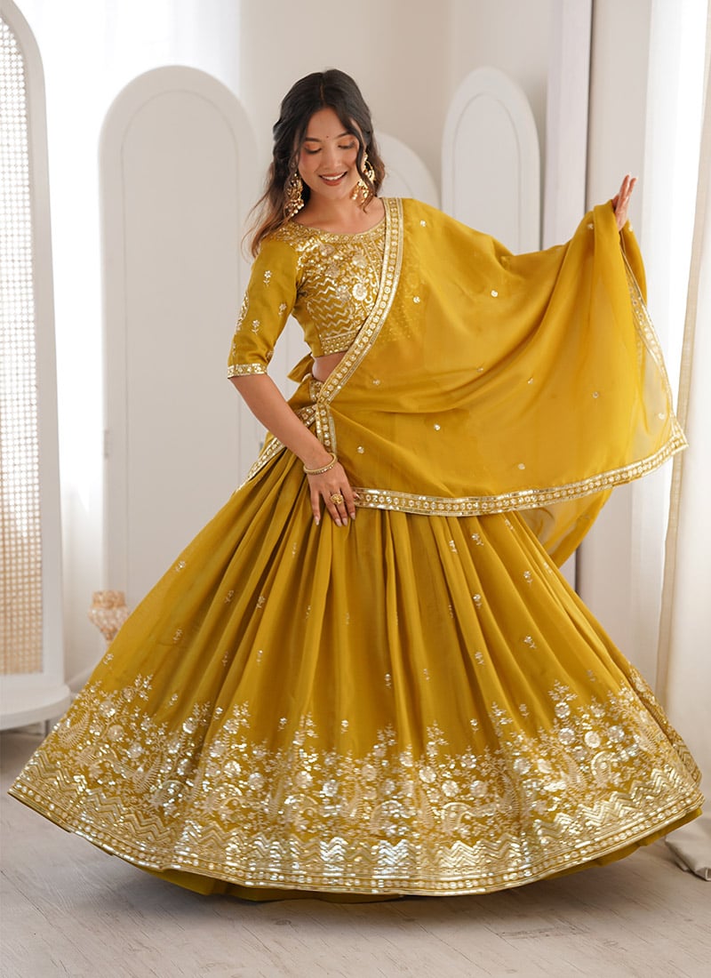 Radiant Yellow Shimmer Silk Sequins Thread Umbrella Lehenga Wedding Wear