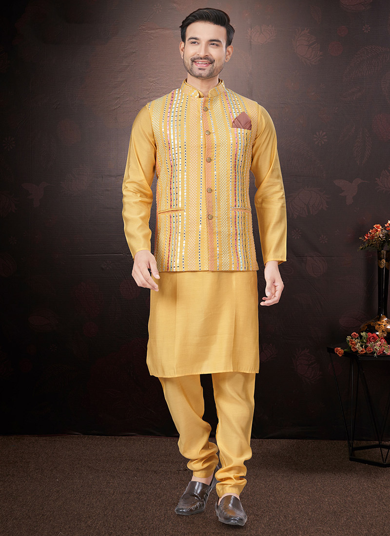 Radiant Yellow Silk Sequins Embroidered Bandi Set Festive Wear