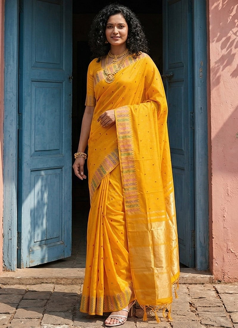 Radiant Yellow Silk Blend Zari Jacquard Saree Festive Wear