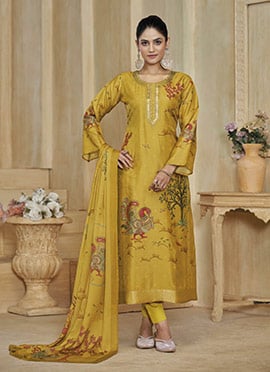 Radiant Yellow Silk Digital Print Jacquard Embroidered Straight Pant Suit