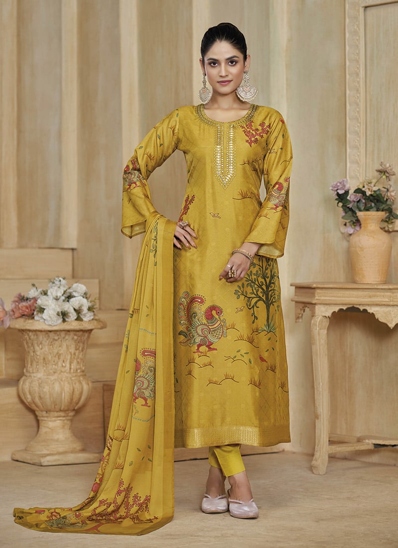 Radiant Yellow Silk Digital Print Jacquard Embroidered Straight Pant Suit After Six Wear