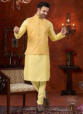 Radiant Yellow Silk Dupion Embroidered Thread Bandi Set