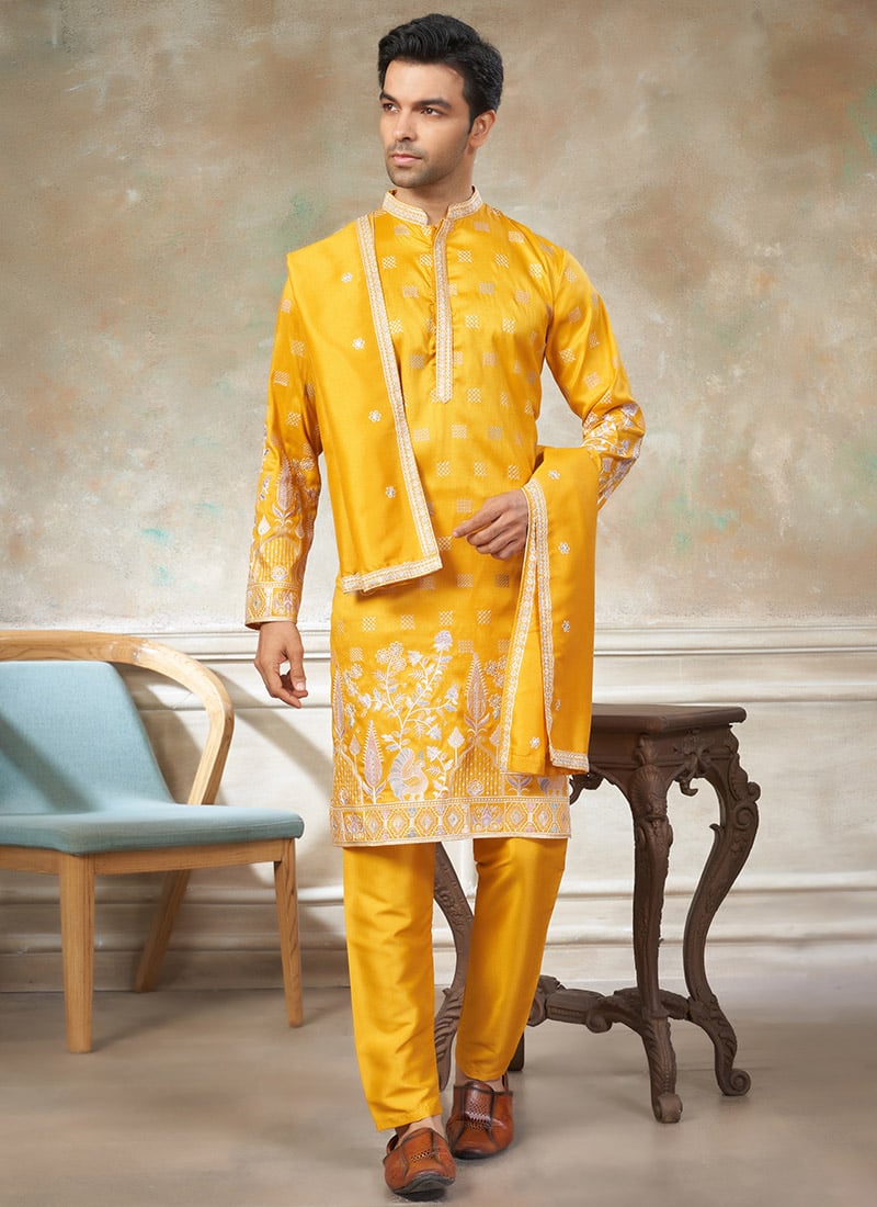 Radiant Yellow Silk Embroidered Kurta Pyjama Wedding Wear