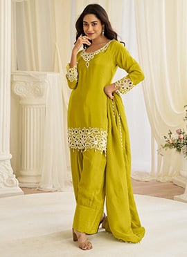Radiant Yellow Silk Embroidered Mirror work Sequins Beads Salwar Suit