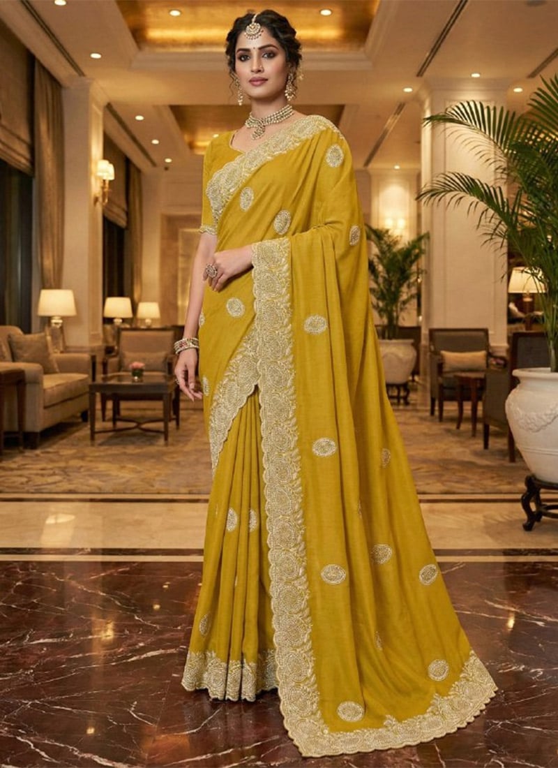 Radiant Yellow Silk Embroidered Stone Saree Festive Wear