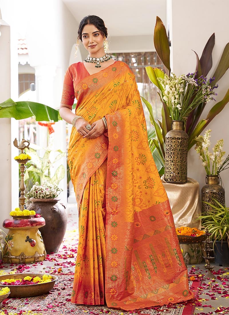 Radiant Yellow Soft Silk Jacquard Zari Woven Saree Festive Wear