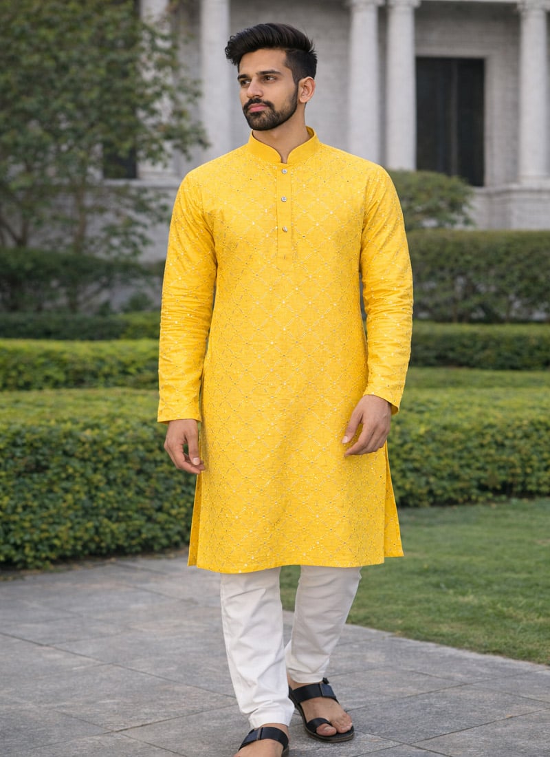 Radiant Yellow Soft Silk Sequins Embroidered Kurta Pyjama Festive Wear