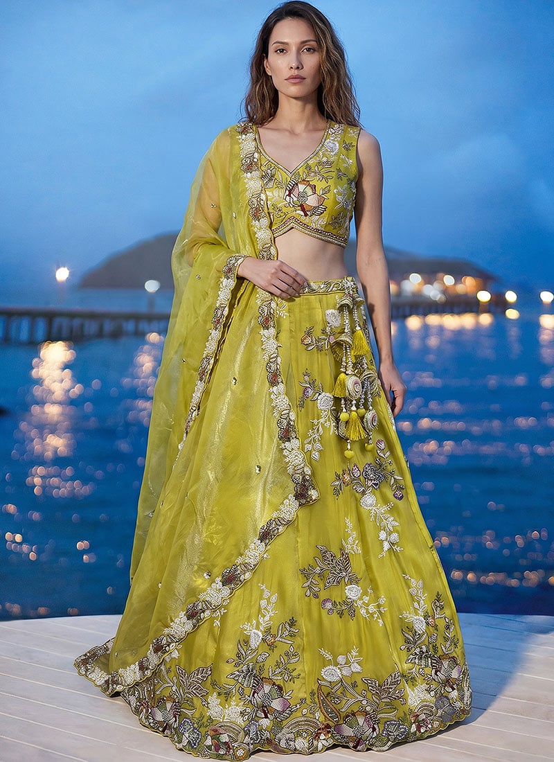 Radiant Yellow Tissue Embroidered Umbrella Lehenga Wedding Wear