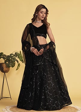 Radiantly Embroidered Sequins Net Umbrella Lehenga