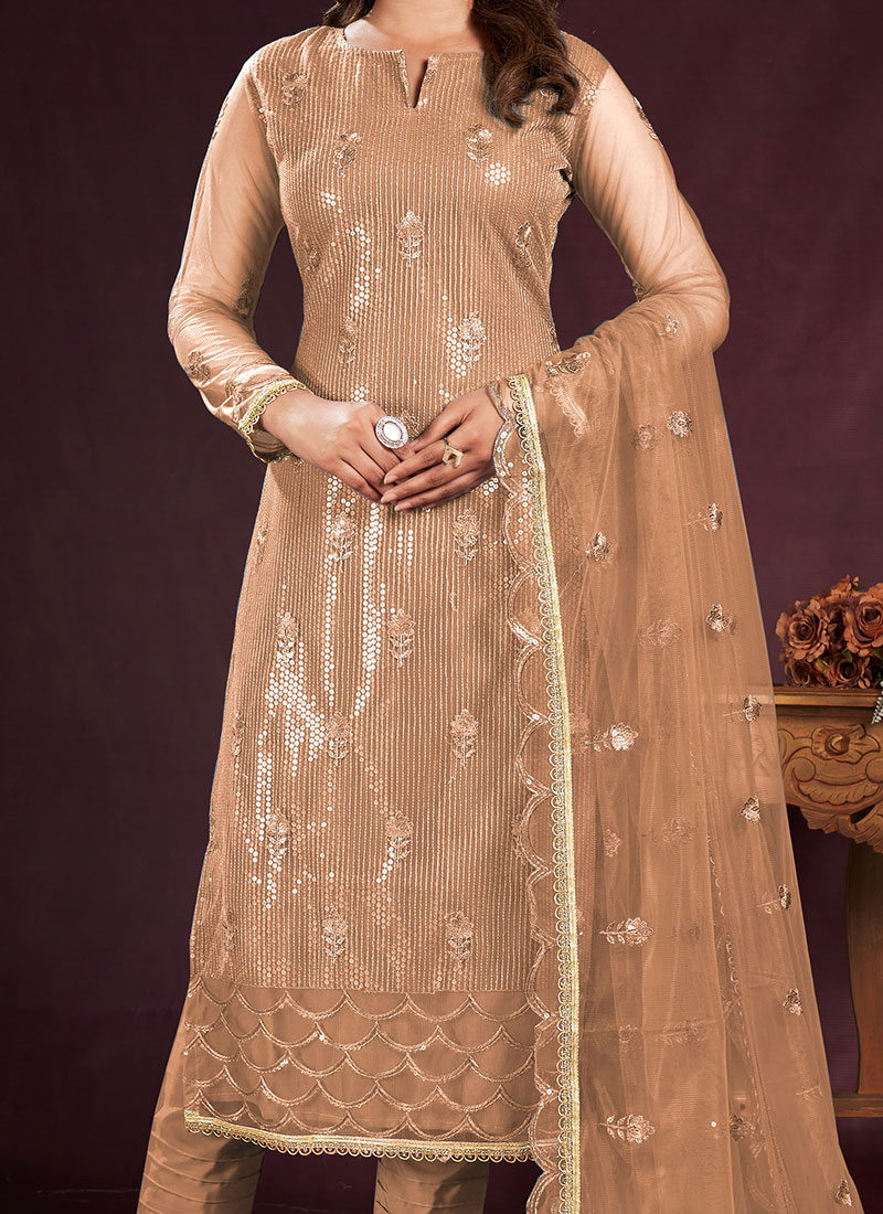 Buy Radiantly Embroidered Sequins Work Net Straight Pant Suit Party ...