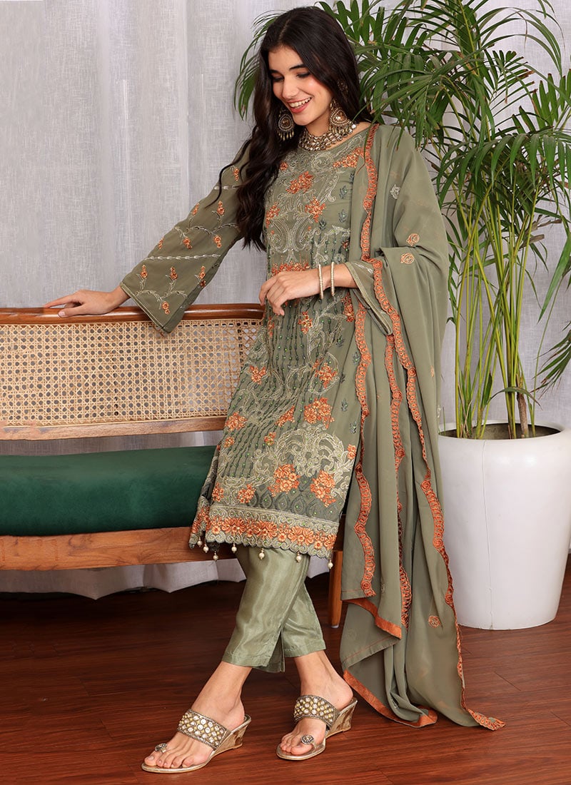 Radiantly Embroidered Stone Pakistani Straight Pant Suit Party Wear