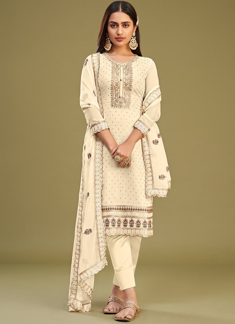 Radiantly Embroidered Stone Work Straight Pant Suit Party Wear