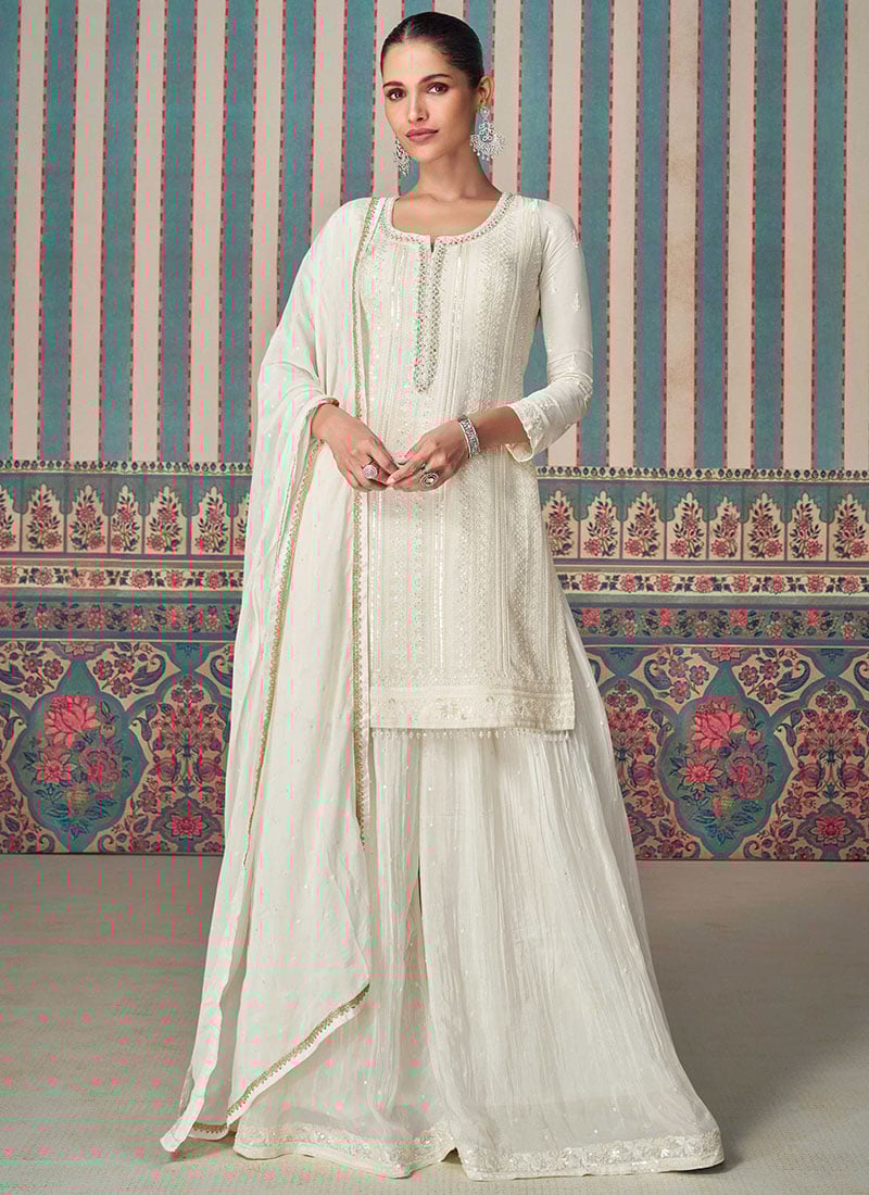 Radiate Elegance In White Chinnon Silk Embroidered Sequins Palazzo Suit Festive Wear