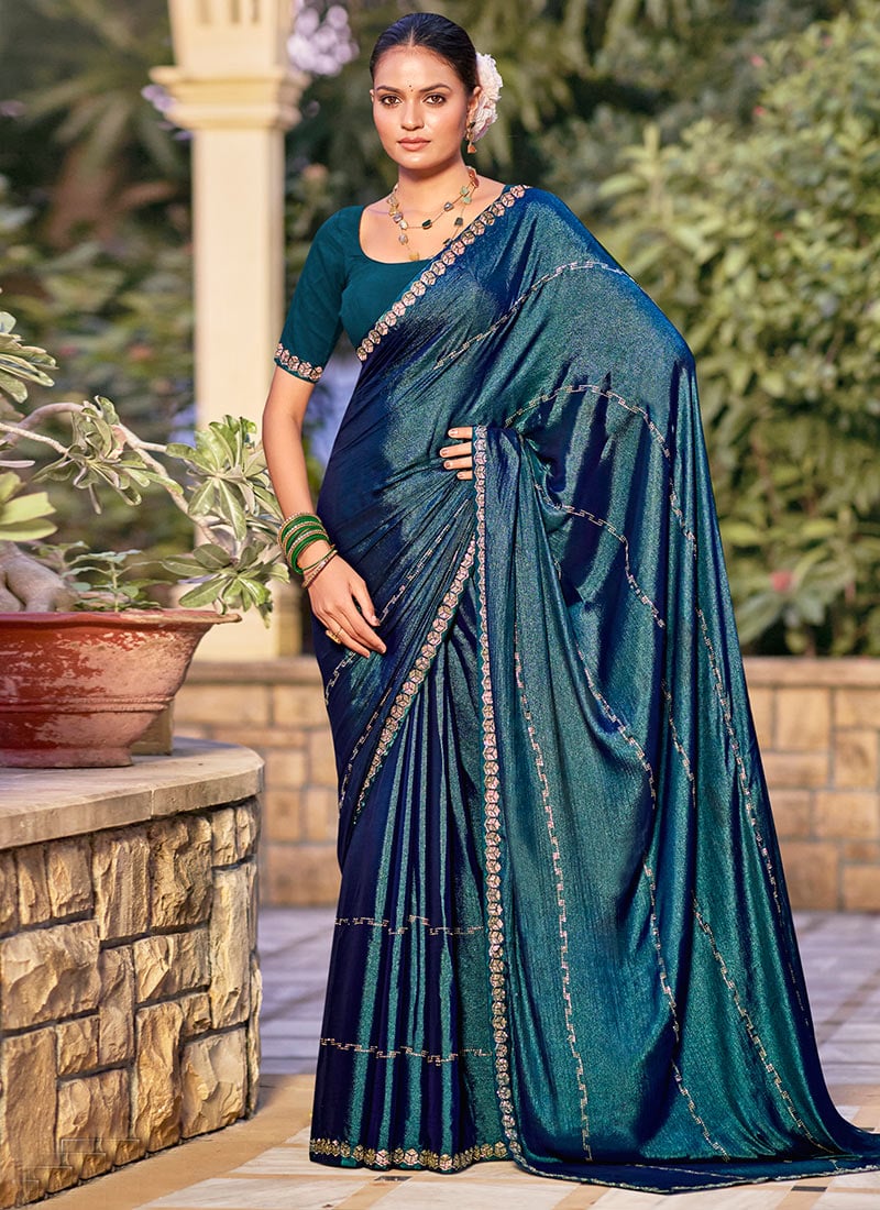 Radiate Elegance With Teal Shimmer Chiffon Stone Embossed Saree Festive Wear