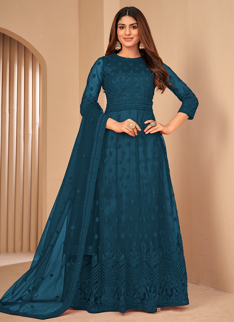 Rama Blue Anarkali Suit Net Embroidery Work