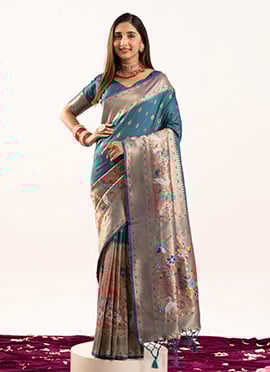 Rama Blue Banarasi Silk Zari Jacquard Meenakari Woven Saree