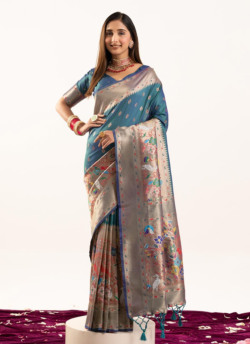 Rama Blue Banarasi Silk Zari Jacquard Meenakari Woven Saree Festive Wear