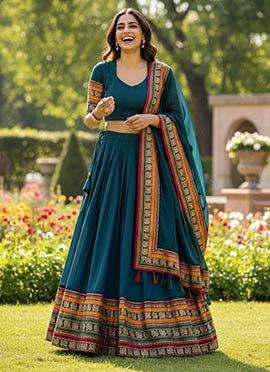 Rama Blue Chanderi Cotton Zari Jacquard Wowen Lehenga