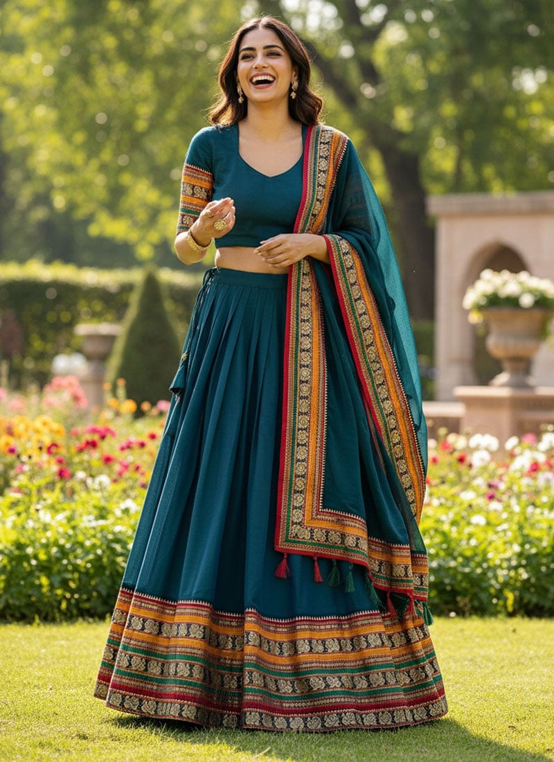 Rama Blue Chanderi Cotton Zari Jacquard Wowen Lehenga Festive Wear
