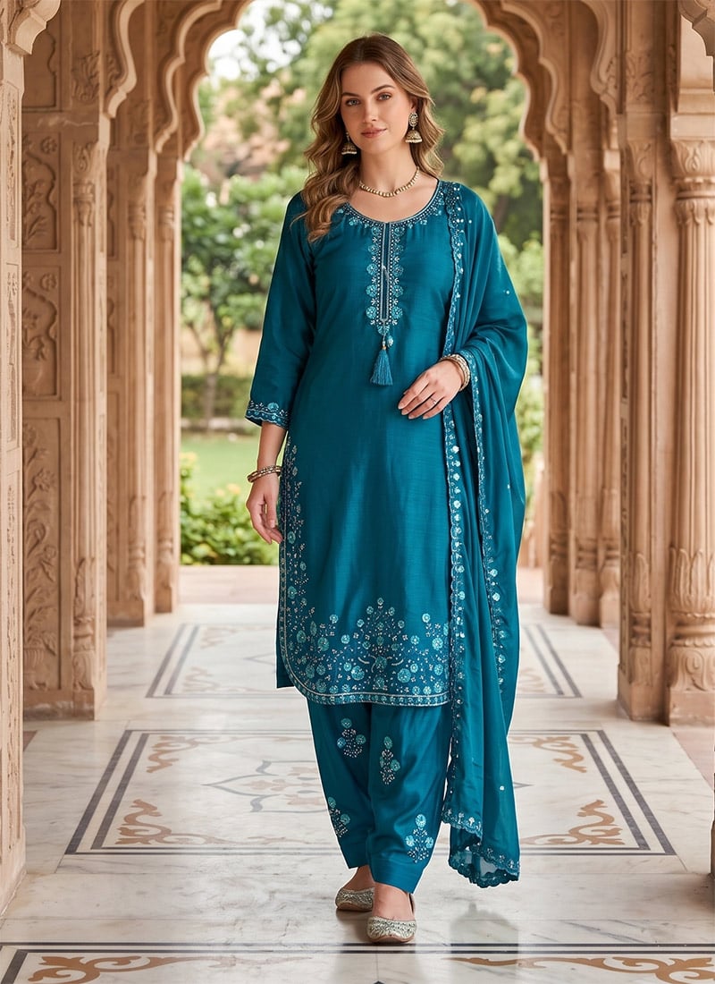 Rama Blue Chinon Embroidered Sequins Farshi Suit Festive Wear