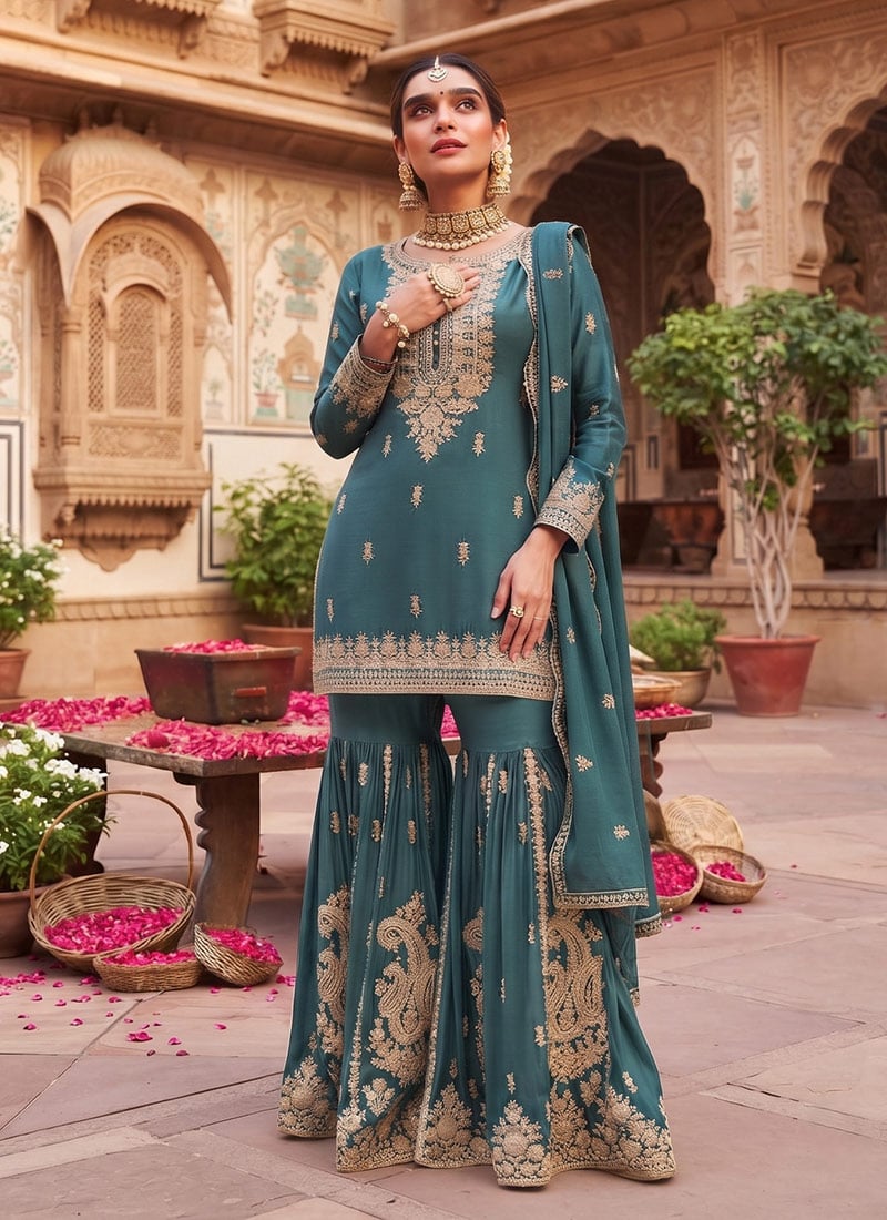 Rama Blue Chinon Hand Embroidered Sharara Suit Festive Wear