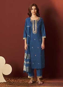 Rama Blue Chinon Sembroidered traight Pant Suit