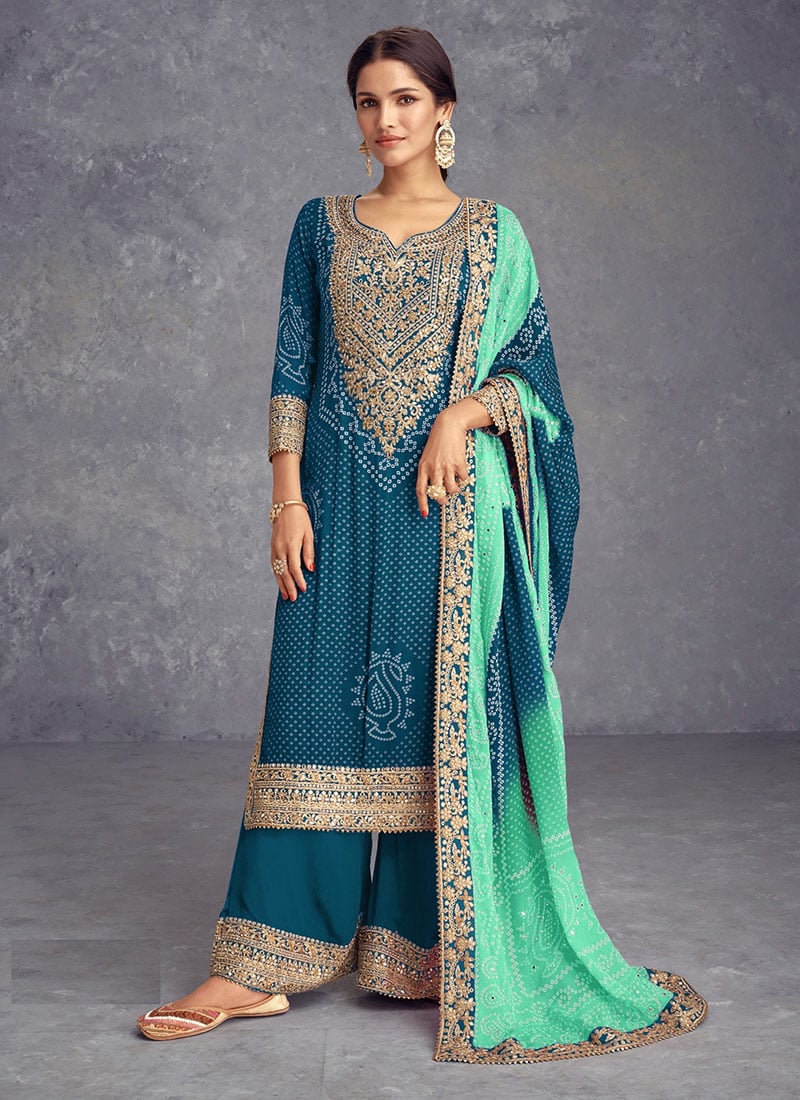 Rama Blue Chinon Silk Bandhini Print Embroidered Sequins Palazzo Suit Festive Wear