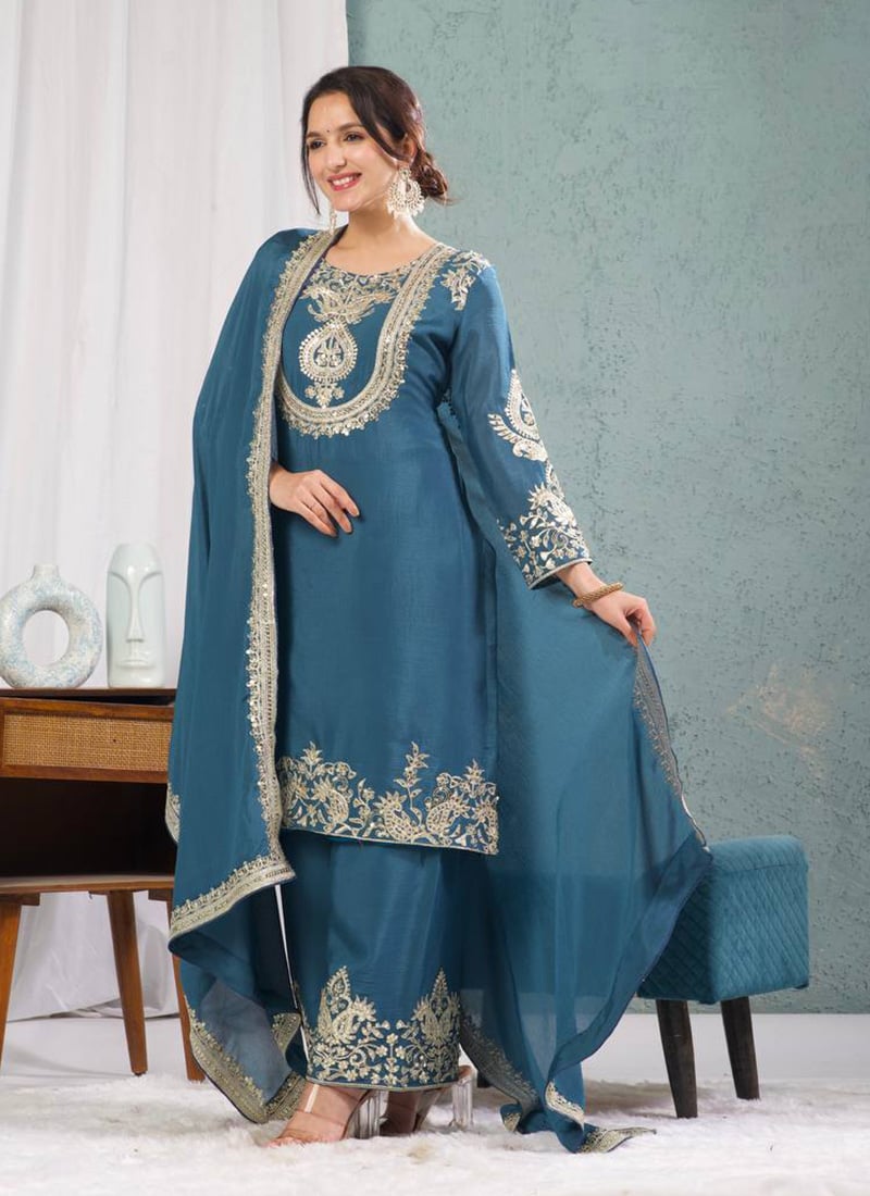 Rama Blue Chinon Silk Embroidered Sequins Palazzo Suit Festive Wear