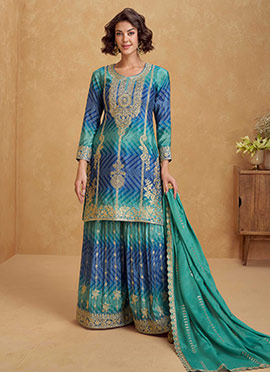 Rama Blue Chinon Silk Zari Embroidered And Bandhini Palazzo Suit
