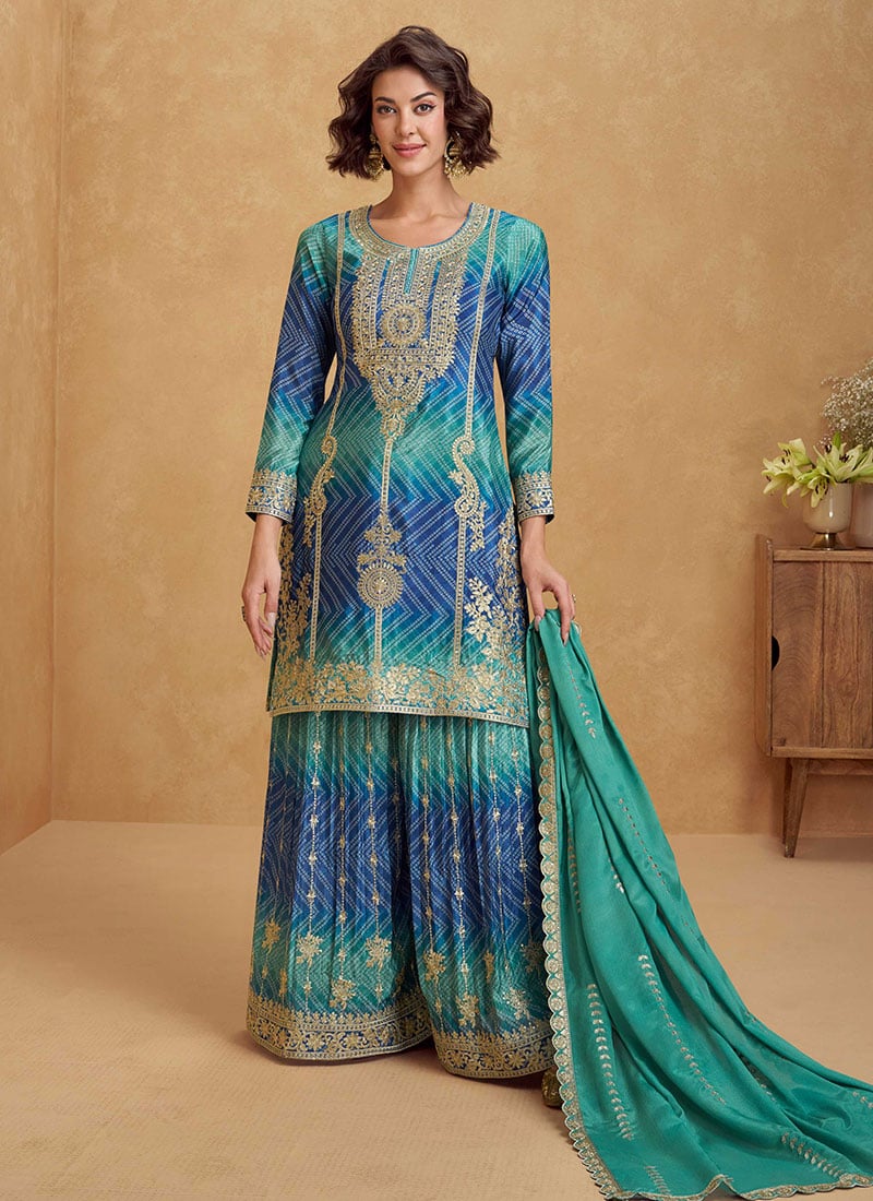 Rama Blue Chinon Silk Zari Embroidered And Bandhini Palazzo Suit Festive Wear