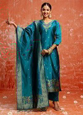 Rama Blue Cotton Silk Jacquard Meenakari Straight Pant Suit