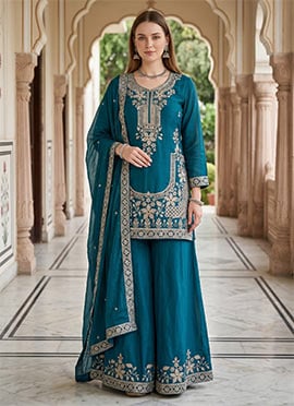 Rama Blue Crepe Silk Embroidered Palazzo Suit