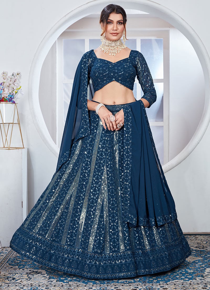 Rama Blue Faux Georgette Embroidered Sequins Lehenga For Every Ocassion Wedding Wear