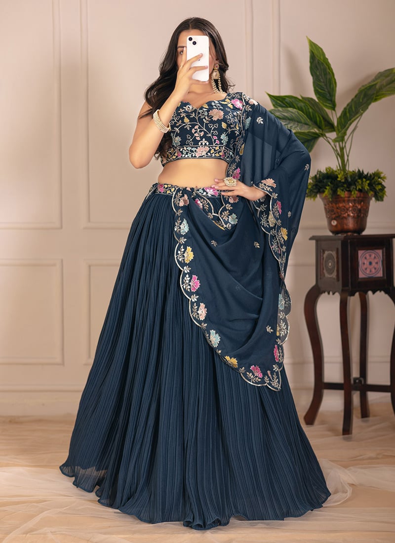 Rama Blue Faux Georgette Embroidered Sequins Lehenga Festive Wear