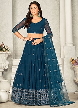 Rama Blue Faux Georgette Embroidered Umbrella Lehenga