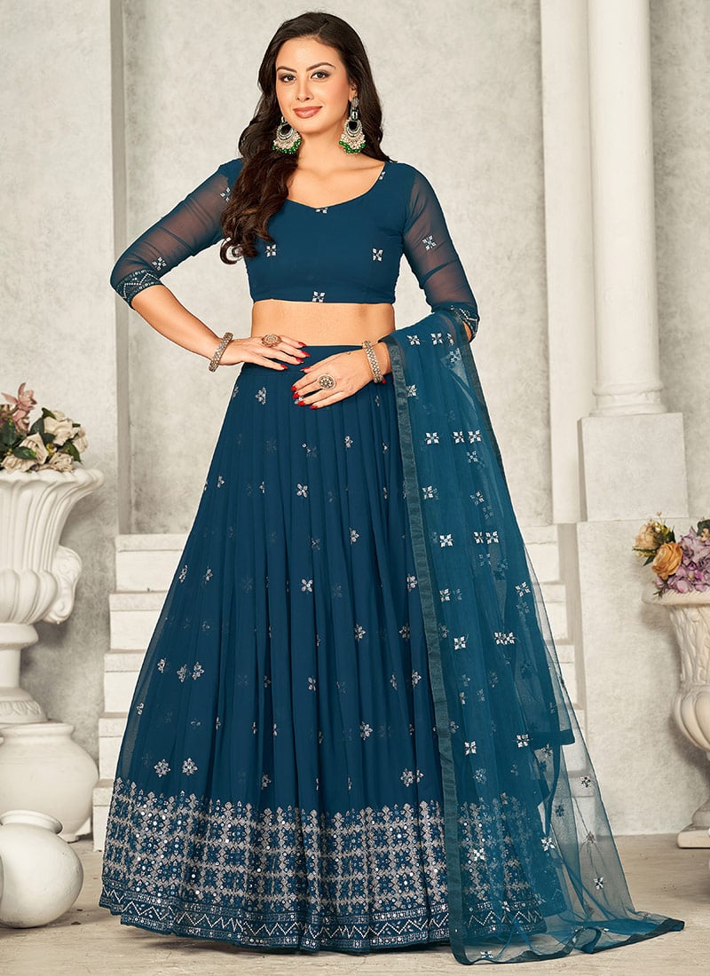 Rama Blue Faux Georgette Embroidered Umbrella Lehenga Party Wear